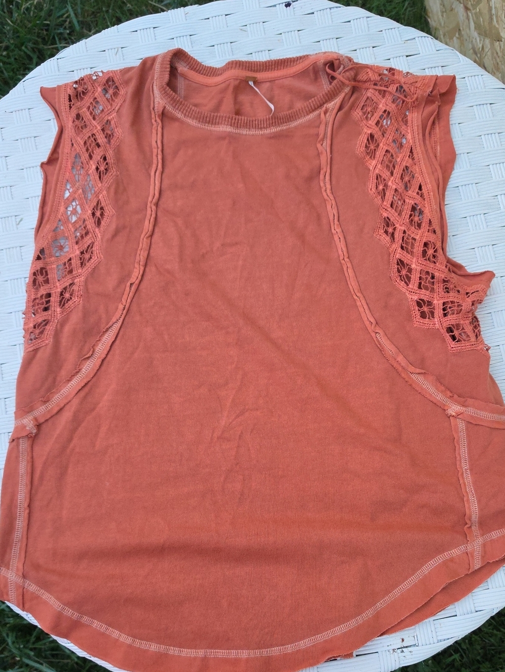 Free People Crochet-Trim Muscle Tee in Rust